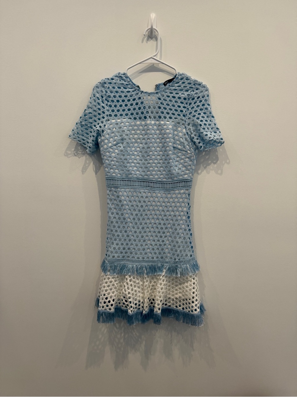Ina Light Blue and White Eyelet Fringe Short Dress